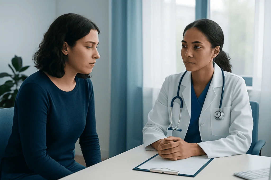 Doctor consulting with a patient about menstrual health in a clinical setting.