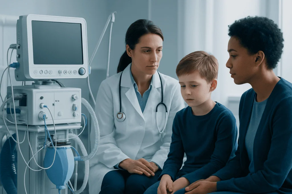 Doctor consulting young boy in hospital with medical equipment nearby.