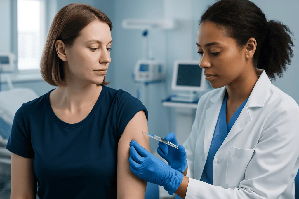 Healthcare professional administering vaccine to patient in clinic setting.