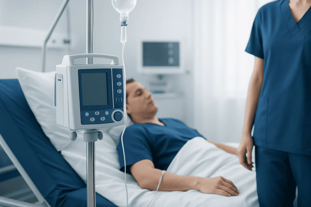 Patient in hospital bed connected to IV drip and medical monitor.