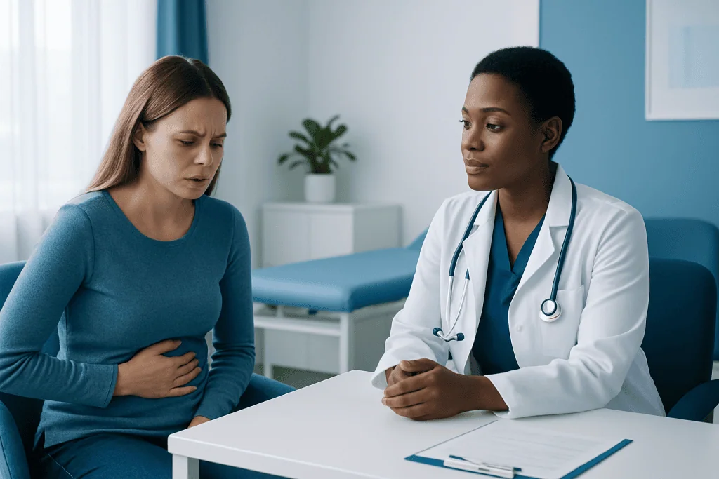 Doctor consulting with a patient experiencing stomach discomfort in a clinic.