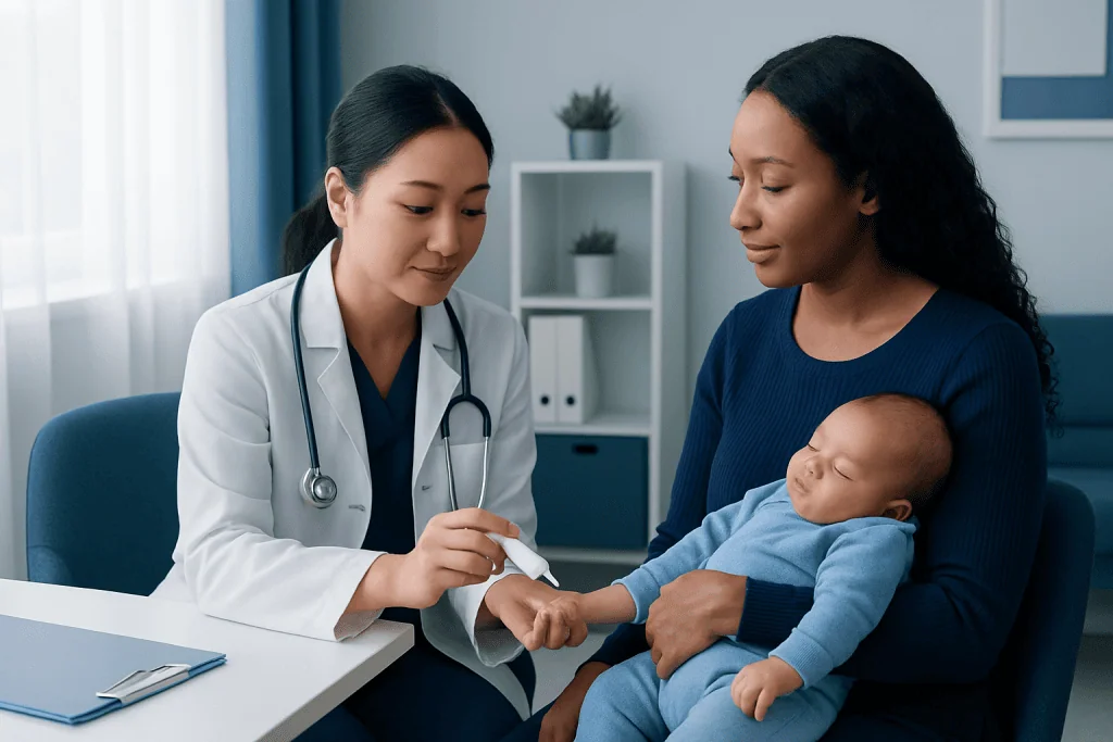 Doctor examining a newborn baby with mother in a clinic setting.