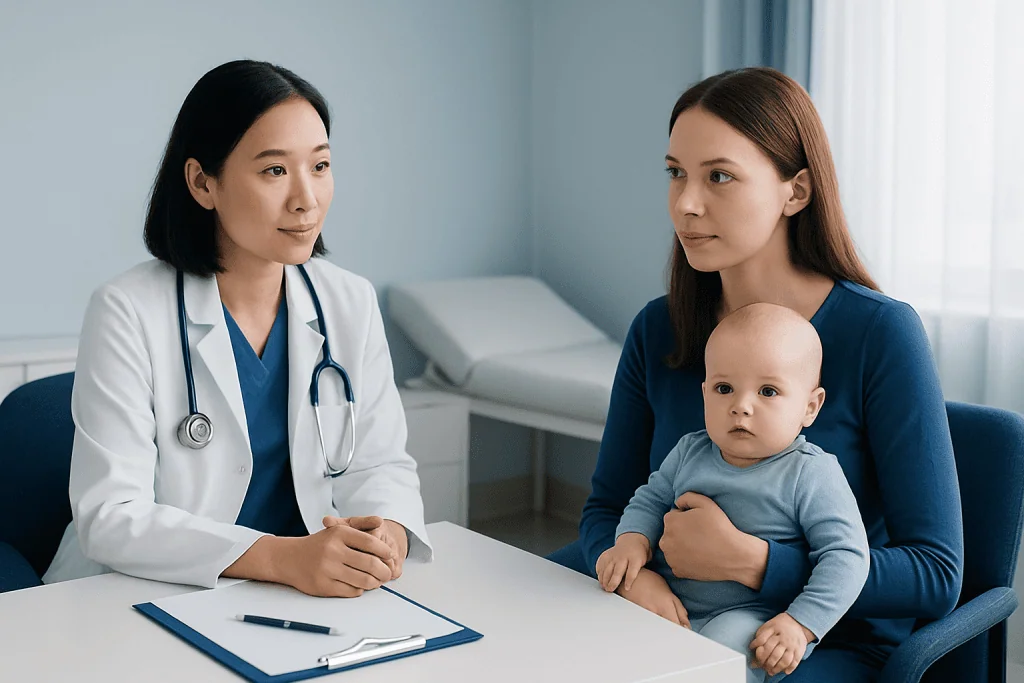Pediatric consultation with doctor and mother holding baby in clinic.