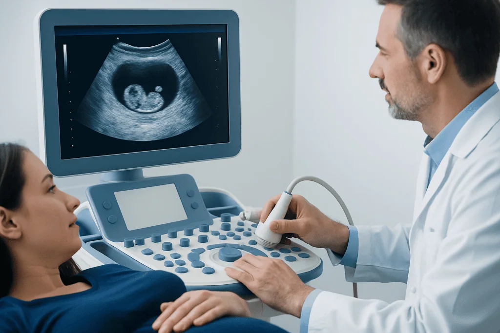 Ultrasound scan of a developing fetus during a medical examination.