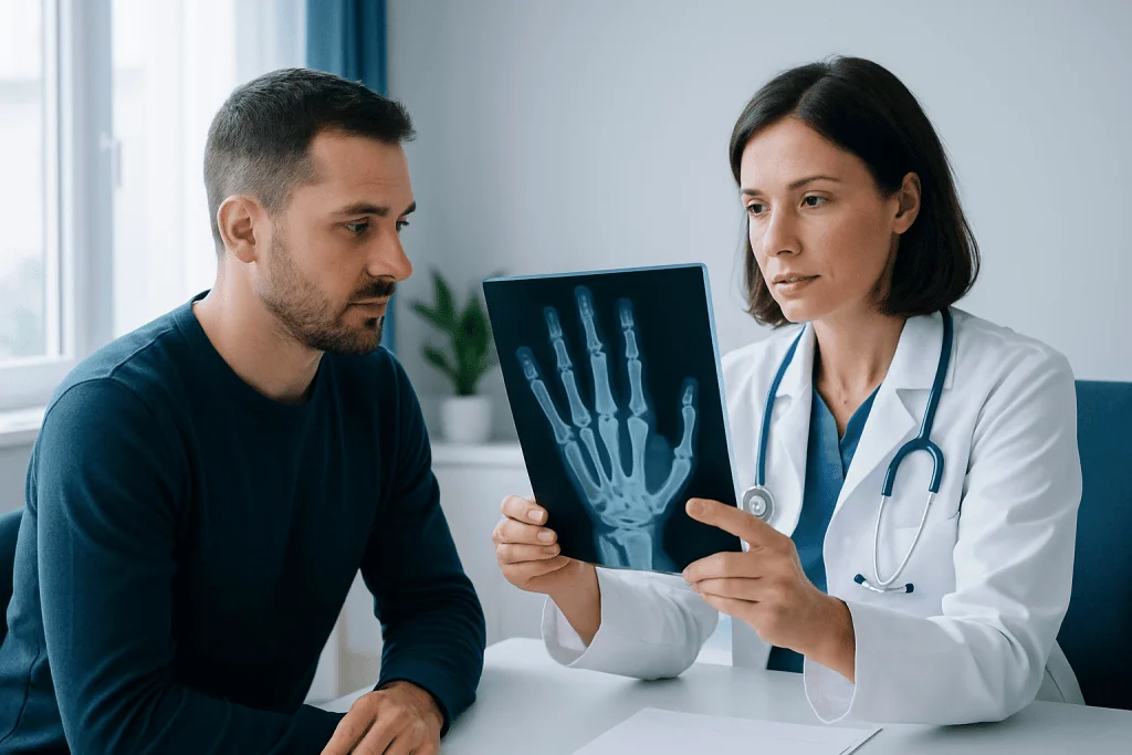 Doctor explaining hand X-ray to patient in a medical consultation.