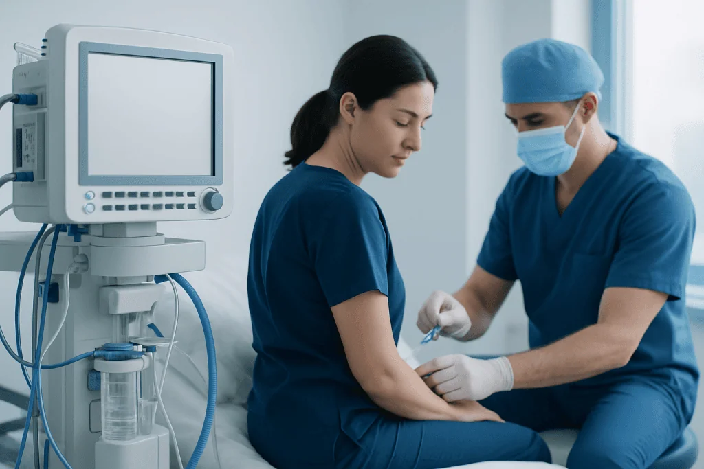 Medical professionals preparing for a blood patch procedure in a hospital setting.