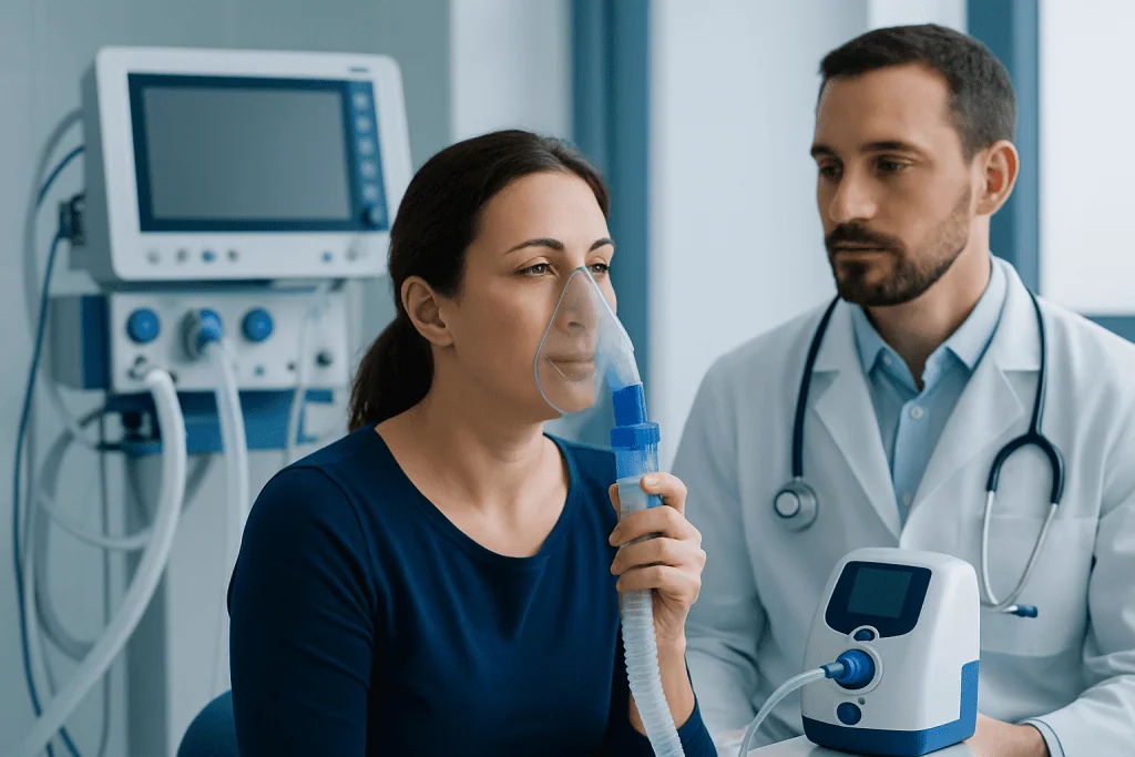 Patient using a nebulizer for asthma treatment in a hospital setting.