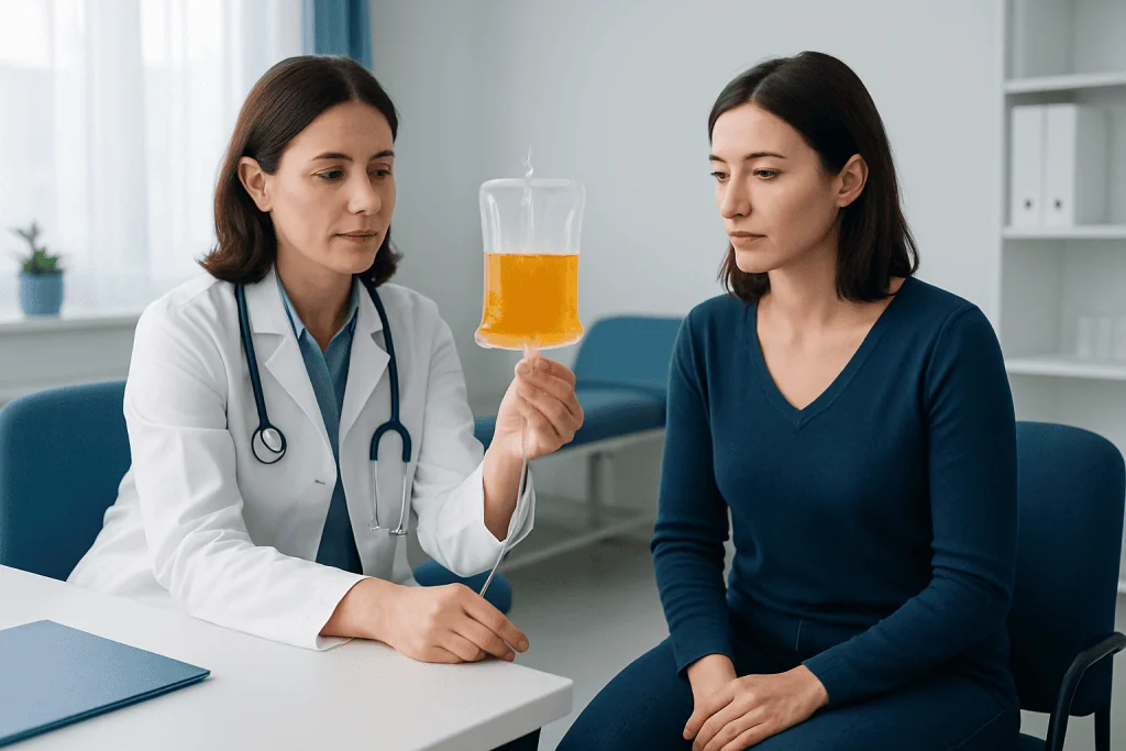 Doctor explains plasma transfusion to patient in a medical consultation room.