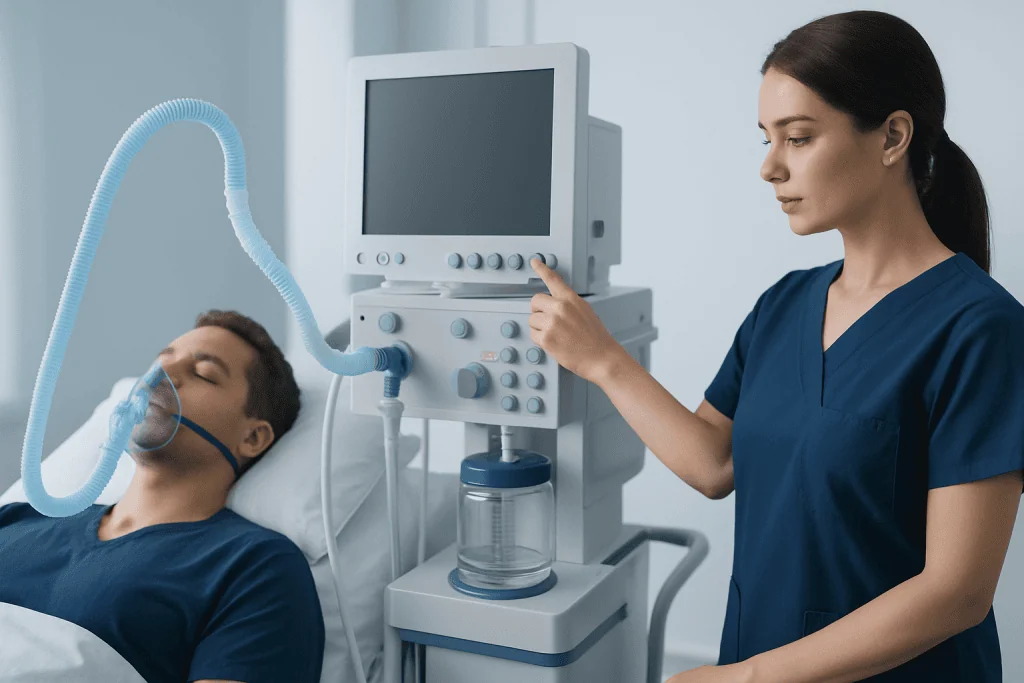 Patient on ventilator with healthcare professional in hospital setting.