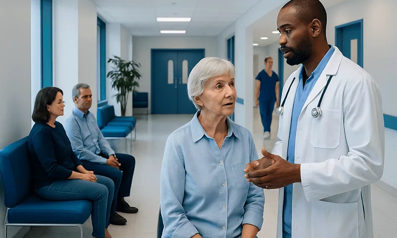 When to Have Cataract Eye Surgery: Procedure, Recovery and Results 5 Doctor consulting elderly woman in hospital corridor with waiting patients.