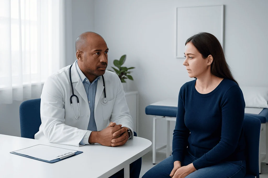 Doctor consulting with a female patient in a medical office.