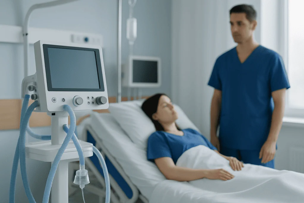 Hospital patient in bed with medical monitor and healthcare professional nearby.