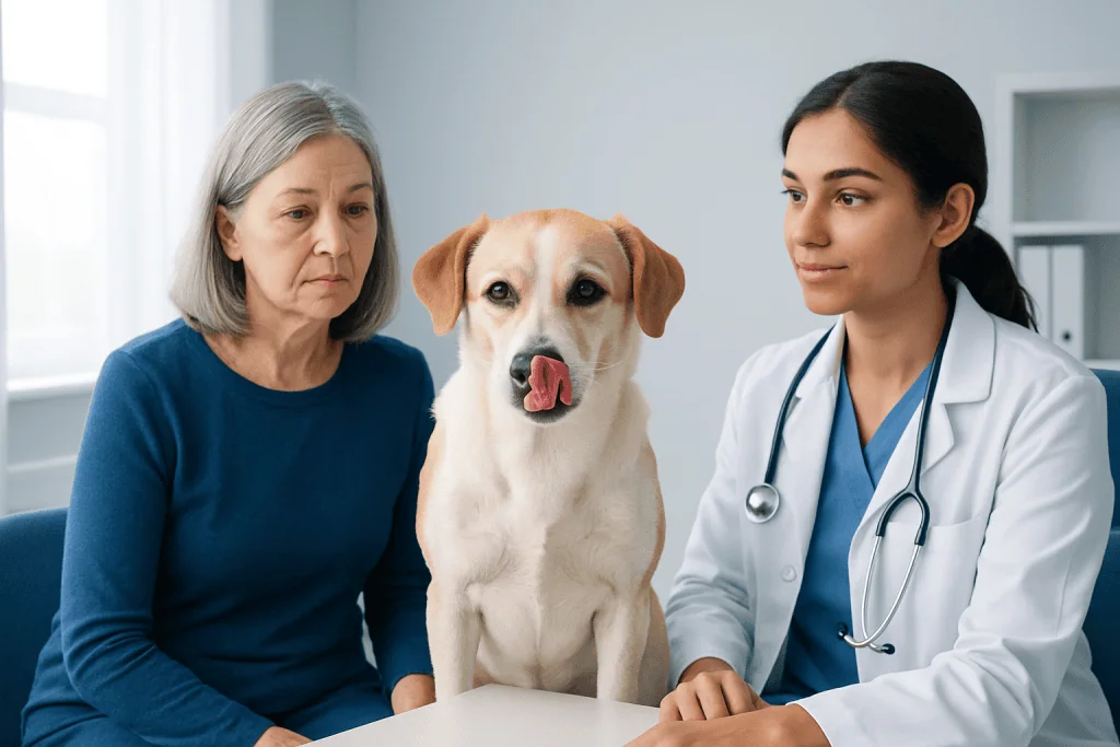 Veterinarian examining a dog with an elderly woman in a clinic setting.