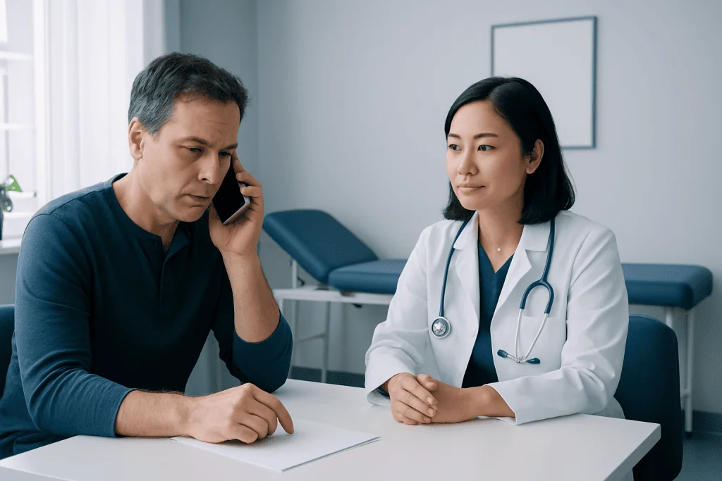 Patient consulting with doctor in hospital setting for multitasking health needs.
