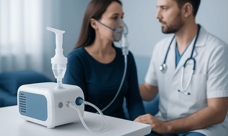 Patient using nebulizer with doctor in hospital setting.
