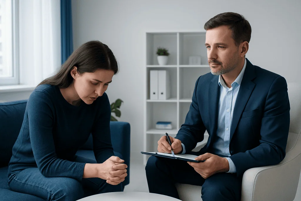 Therapist and patient in a counseling session at Acibadem Hospitals Group.