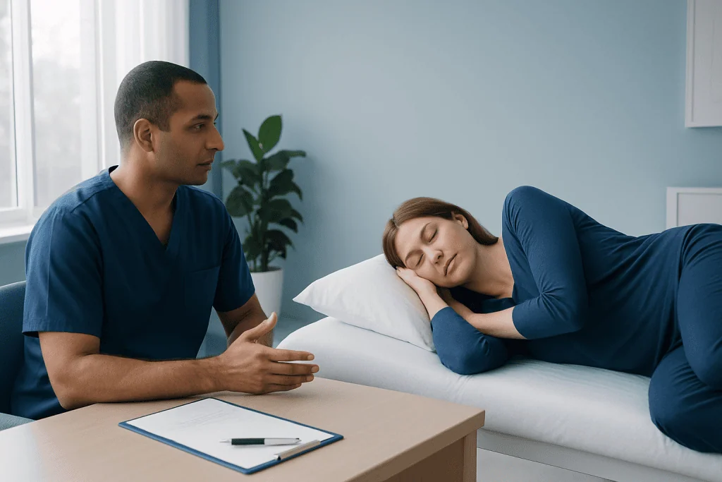 Doctor consulting with a woman patient lying in bed in a medical office.