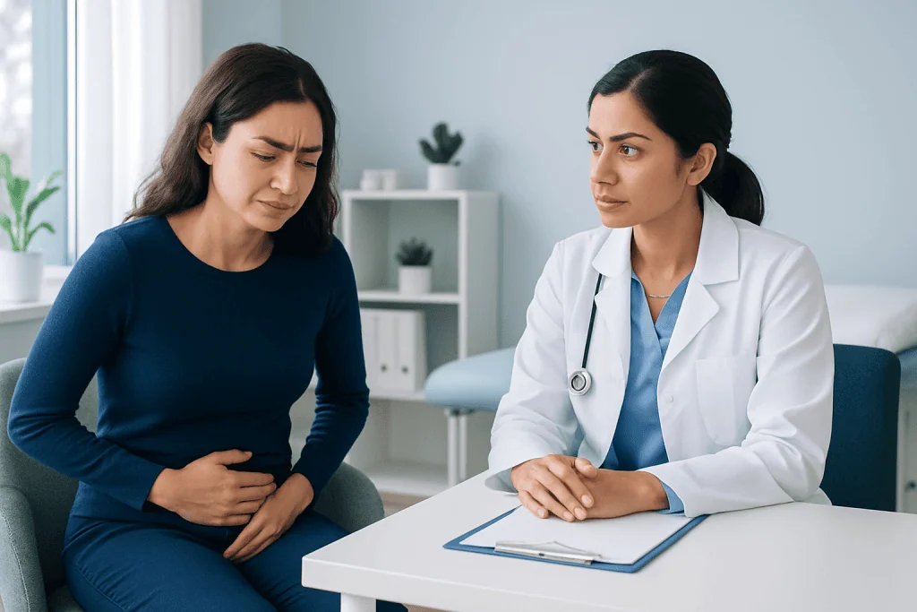 Doctor consulting with a woman experiencing menstrual pain in a clinic setting.