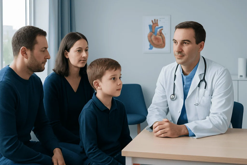 Pediatric cardiology consultation at Acibadem Hospital with a doctor and family.