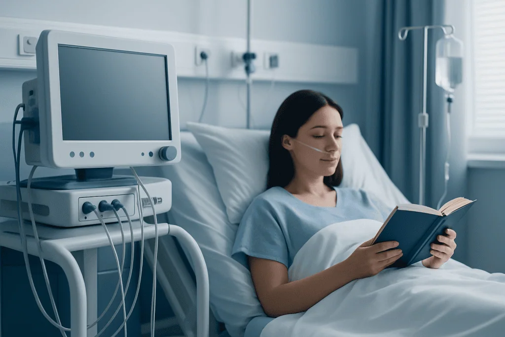 Young woman in hospital bed reading a book with medical equipment nearby.