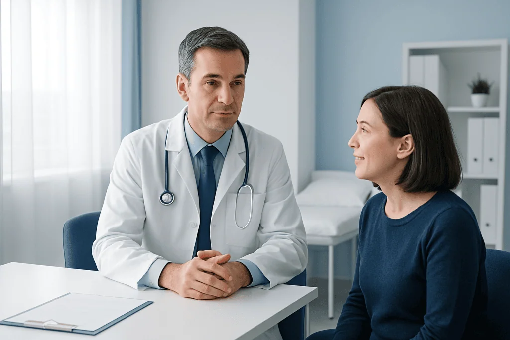 Doctor consulting with a female patient in a modern clinic setting.