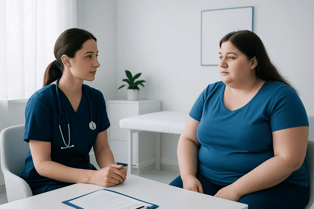 Doctor consulting with a patient about health concerns in a medical office.