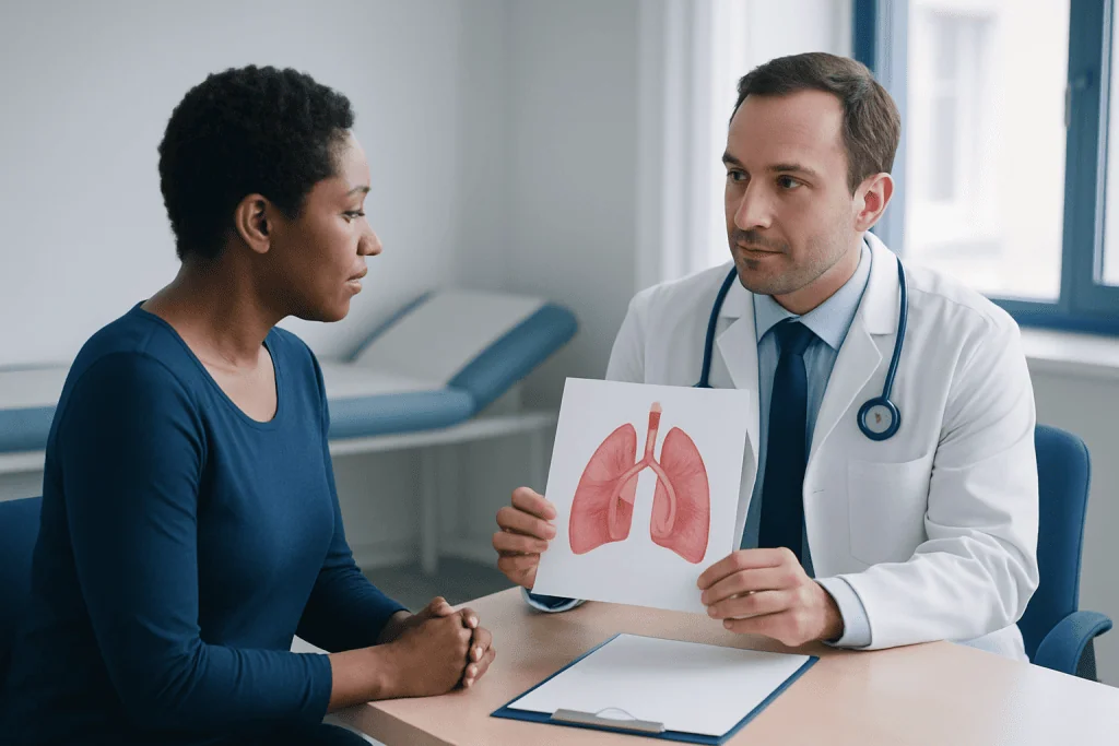 Doctor explaining lung anatomy to patient in a consultation room.