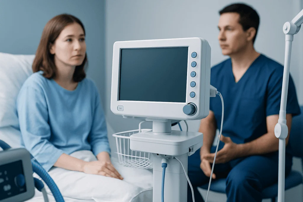 Patient and doctor in hospital room with medical monitor.