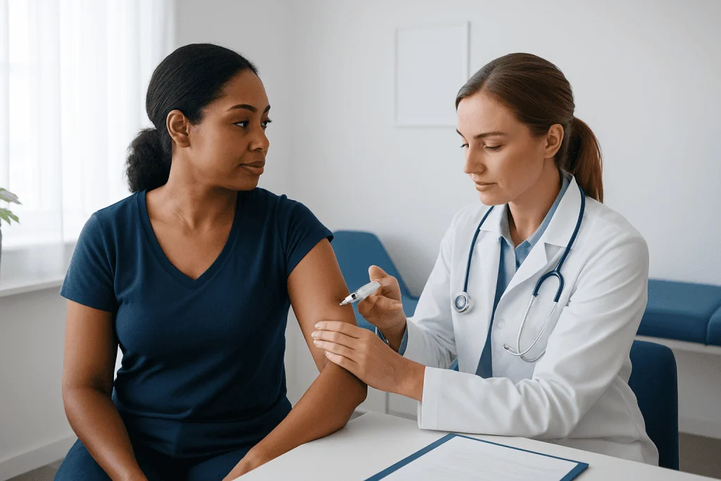 Doctor administering vaccine to patient in a clinical setting.