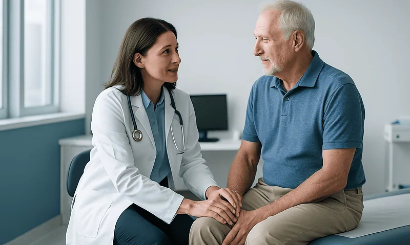 Doctor consulting with an elderly male patient in a medical office.