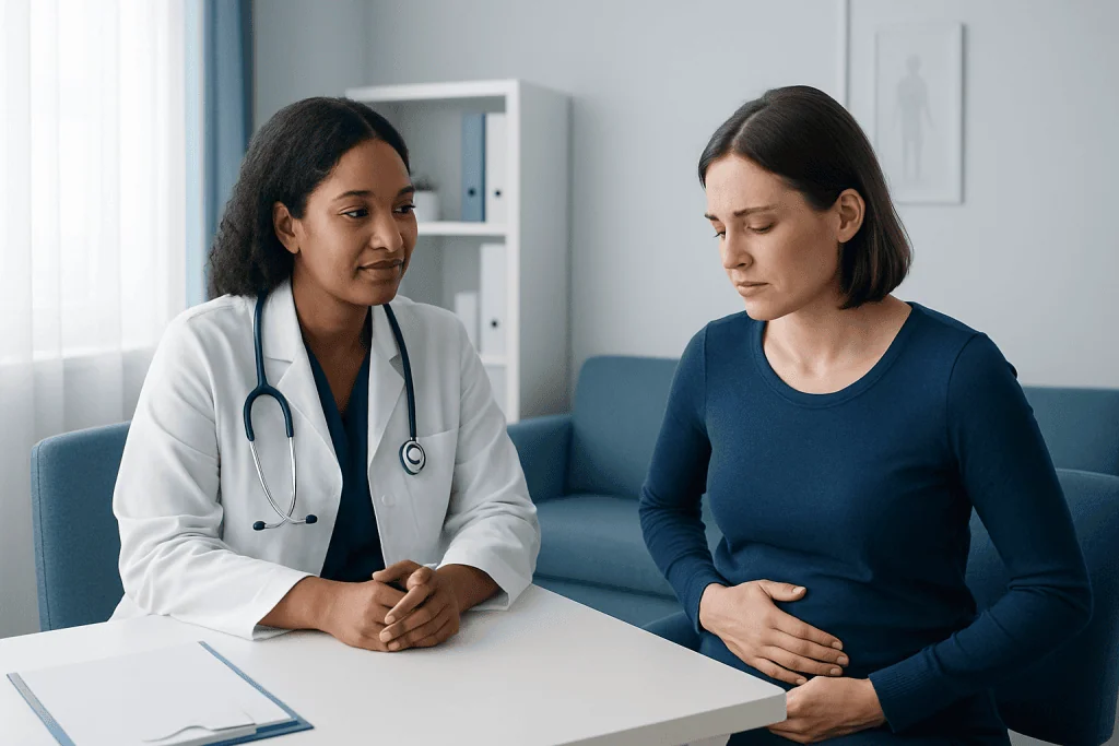 Doctor consulting patient about bloating relief options in clinic.