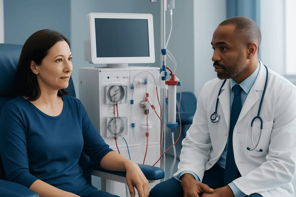 Doctor consulting with a female patient in a hospital room.