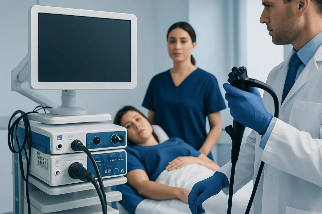 Doctor performing an ultrasound on a young patient in a hospital room.