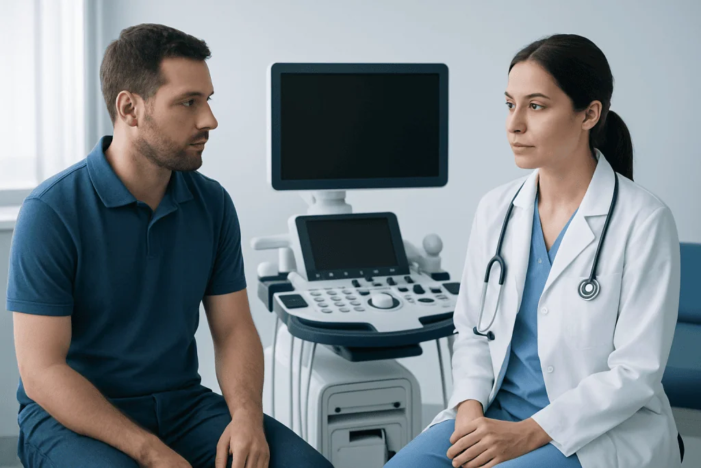 Doctor consulting male patient in a medical examination room.