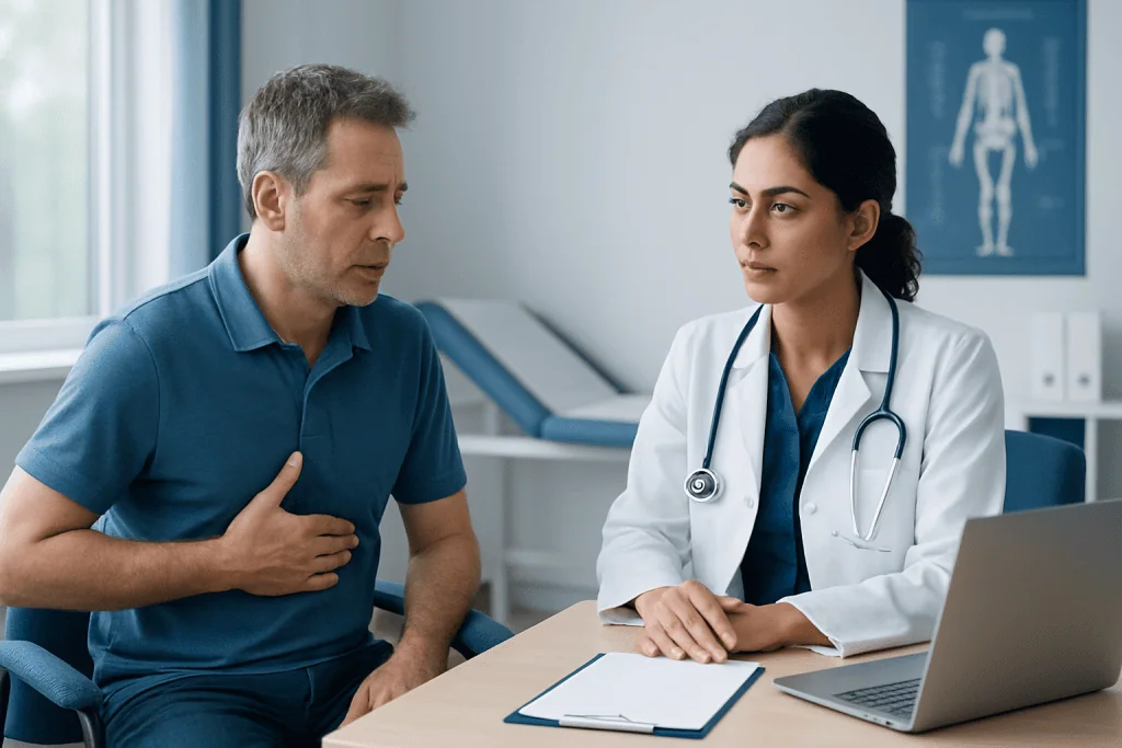 Doctor consulting with a patient about rib injury in a medical office.