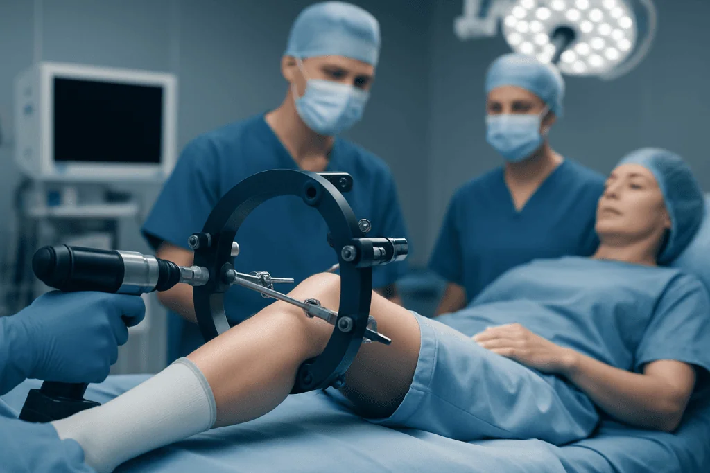 Orthopedic surgeons perform minimally invasive femur surgery in an operating room.