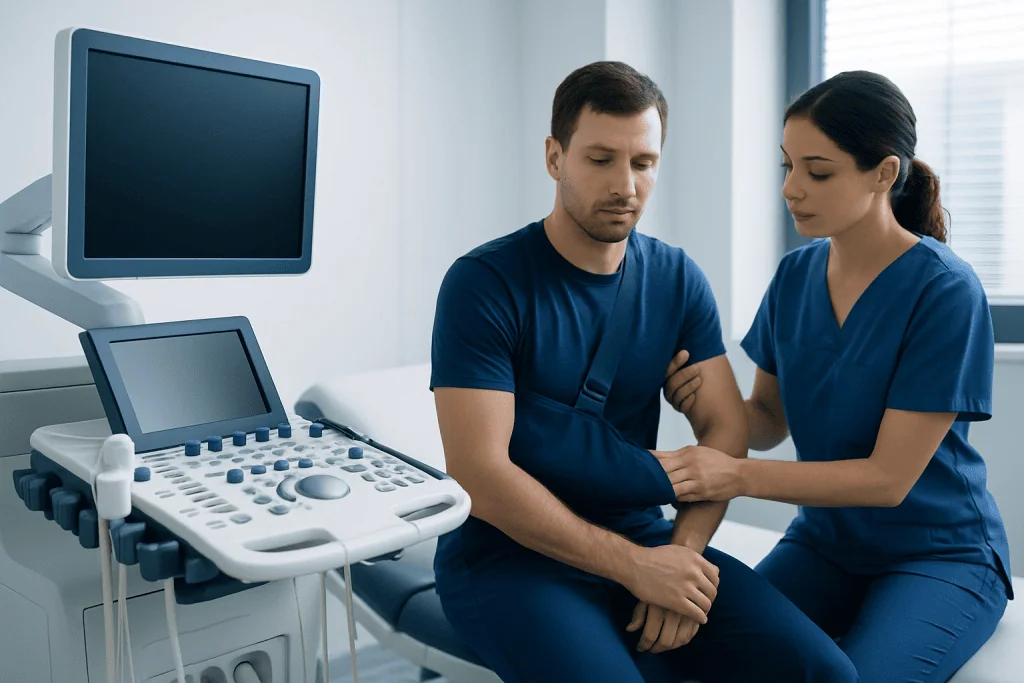 Doctor examines patient with shoulder injury in a medical clinic.
