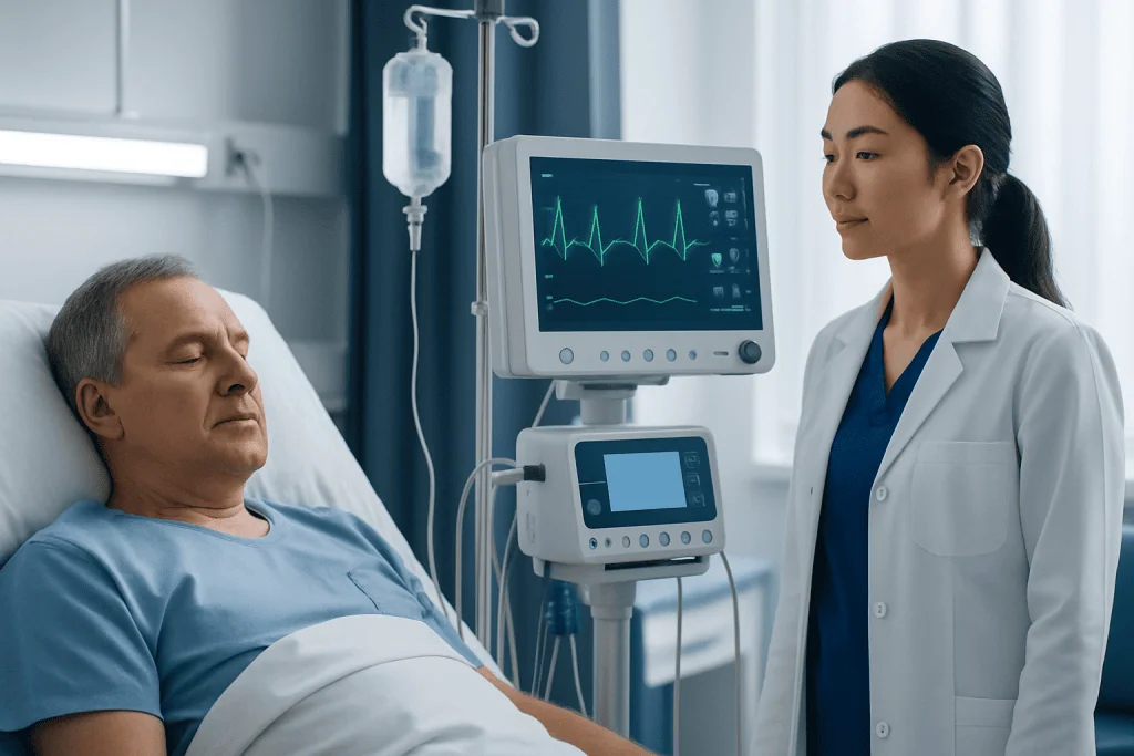Patient in hospital bed monitored by medical staff with ECG machine.