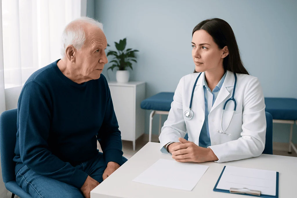 Doctor consulting with elderly patient in a medical office.