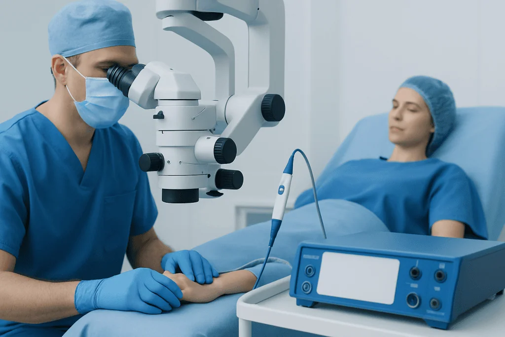 Surgeon performing a delicate eye procedure with advanced equipment.