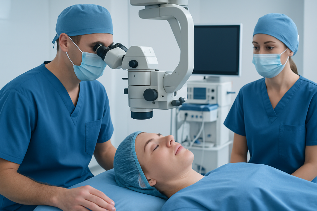 Surgeons performing eye surgery in a modern hospital operating room.