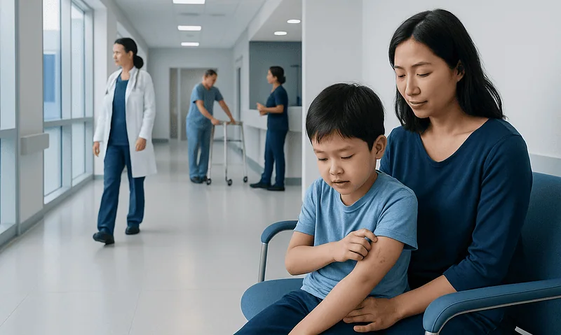 Child receiving medical attention in hospital corridor with healthcare staff nearby.