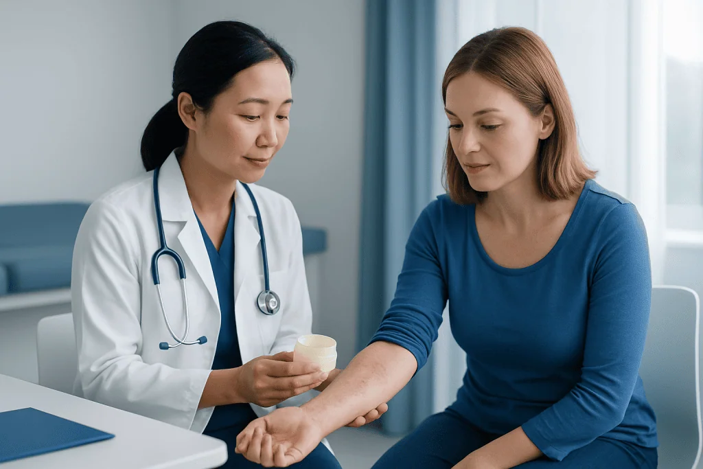 Doctor examining patient's skin for dermatitis diagnosis at Acibadem Hospital.