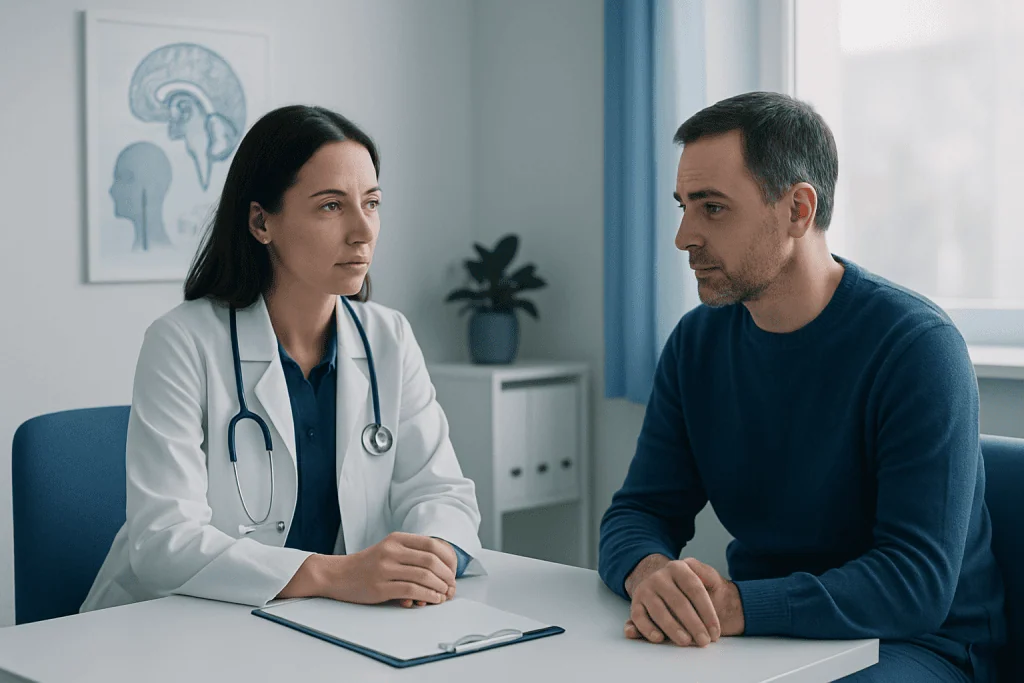 Doctor consulting with patient in a medical office setting.