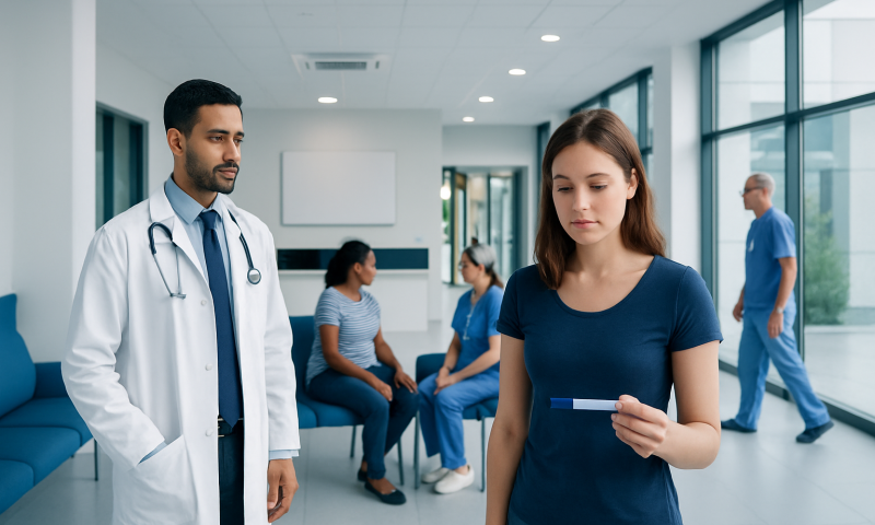 When Will Positive Pregnancy Test? Causes, Explanations, and Next Steps 5 Patient holding test results in a hospital corridor with medical staff nearby.