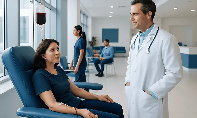 Patient donating blood in a modern hospital blood bank.