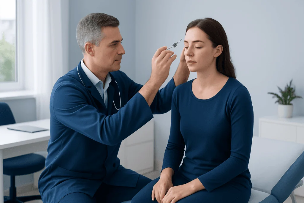Doctor administering Botox injection for migraine treatment to a patient.