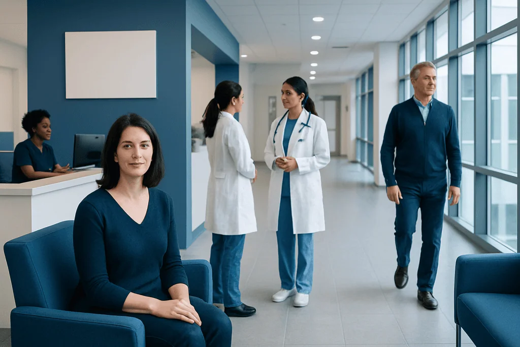 Where Can I Get a Free Cancer Screening: How It Works, Results and What to Expect 1 Healthcare professionals and a patient in a modern hospital corridor.
