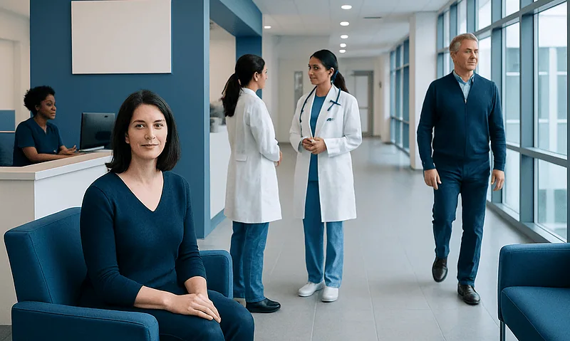 Healthcare professionals and a patient in a modern hospital corridor.