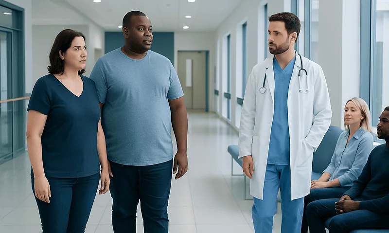 Medical consultation with diverse patients in a hospital corridor.